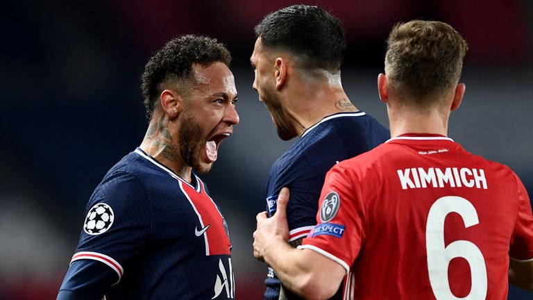 Cl hit & misses: business-like chelsea şovu uyarlanabilirlik 4 paris, france - april 13: neymar of paris saint-germain and teammate leandro paredes celebrate their team's victory at full-time after the uefa champions league quarter final second leg match between paris saint-germain and fc bayern munich at parc des princes on april 13, 2021 in paris, france. sporting stadiums around france remain under strict restrictions due to the coronavirus pandemic as government social distancing laws prohibit fans inside venues resulting in games being played behind cl